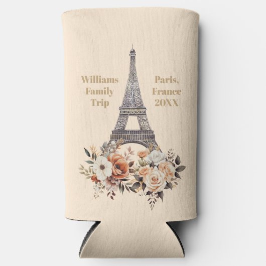 Custom Paris Trip Eiffel Tower Floral Seltzer Blikjeskoeler (Voorkant)