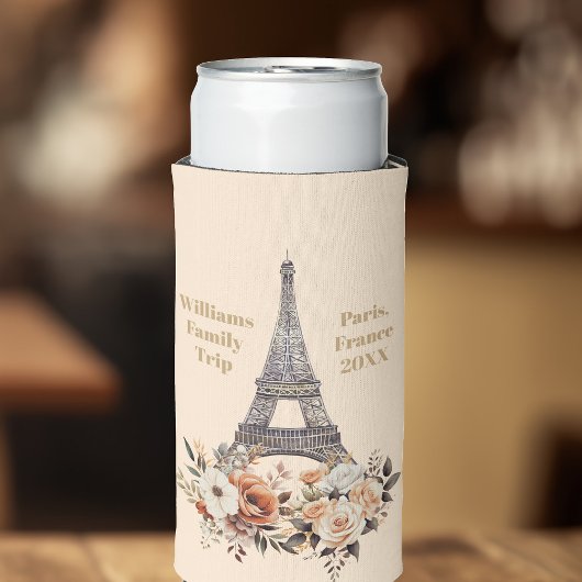 Custom Paris Trip Eiffel Tower Floral Seltzer Blikjeskoeler