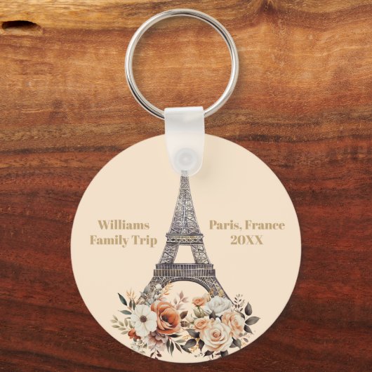 Custom Paris Trip Eiffel Tower Floral Sleutelhanger (Voorkant)