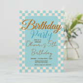 Custom Pastel Blue Checkered Birthday Party Kaart (Staand voorkant)