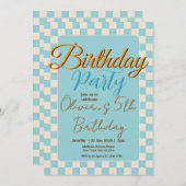 Custom Pastel Blue Checkered Birthday Party Kaart (Voorkant / Achterkant)