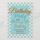 Custom Pastel Blue Checkered Birthday Party Kaart (Voorkant)