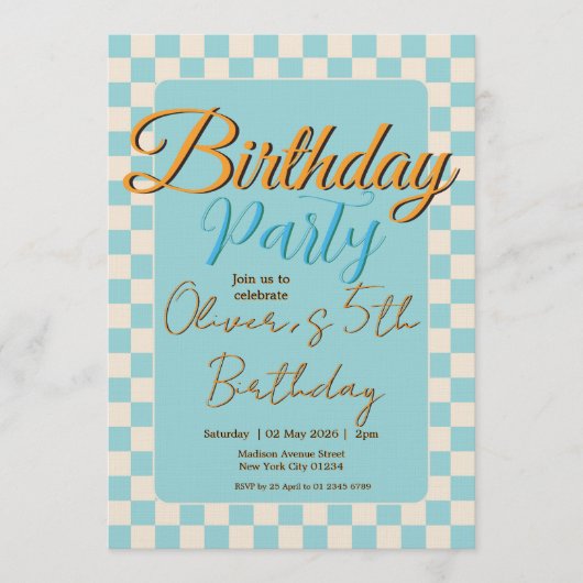 Custom Pastel Blue Checkered Birthday Party Kaart (Voorkant)