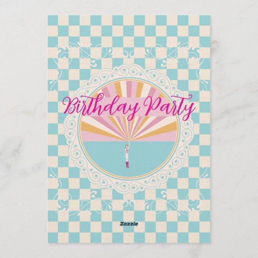 Custom Pastel Blue Checkered Birthday Party Kaart (Achterkant)