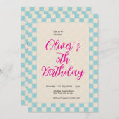 Custom Pastel Blue Checkered Birthday Party Kaart (Voorkant / Achterkant)
