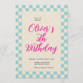 Custom Pastel Blue Checkered Birthday Party Kaart (Voorkant)
