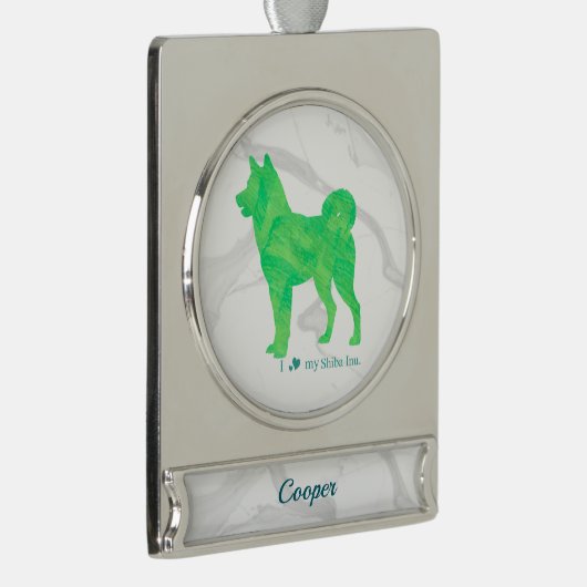 Custom Pastel Blue Shiba Inu Silhouette  Ornament Verzilverd Banner Ornament (Rechts)