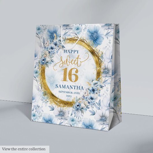 Custom Pastel Blue Sweet 16 Gold Glitter Gift Bag Medium Cadeauzakje