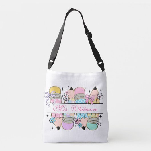 Custom Pastel Pencil Bow Teacher Aesthetic Crossbody Tas (Achterkant)