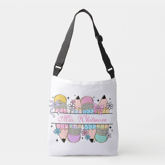 Custom Pastel Pencil Bow Teacher Aesthetic Crossbody Tas (Voorkant)