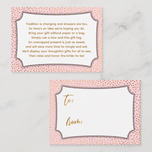 Custom Pastel Roze & Goud Confetti Display Douche Informatiekaartje (Voorkant / Achterkant)