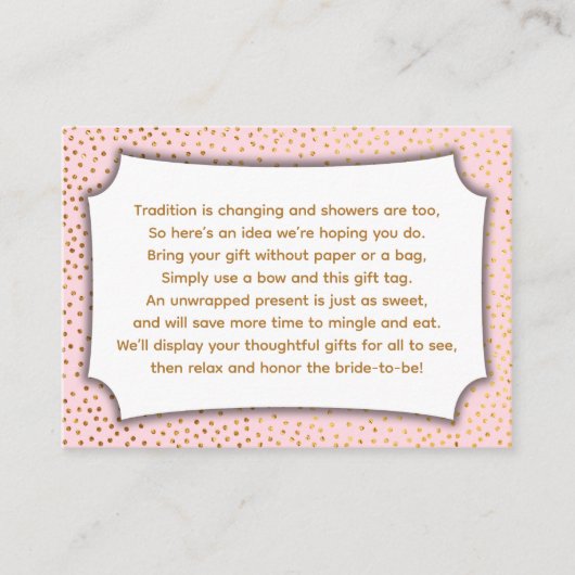 Custom Pastel Roze & Goud Confetti Display Douche Informatiekaartje (Voorkant)