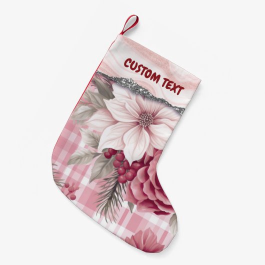 Custom Pastel Roze Kerstmis Bloemen Plaid Kleine Kerstsok (Voorkant (Hangend))