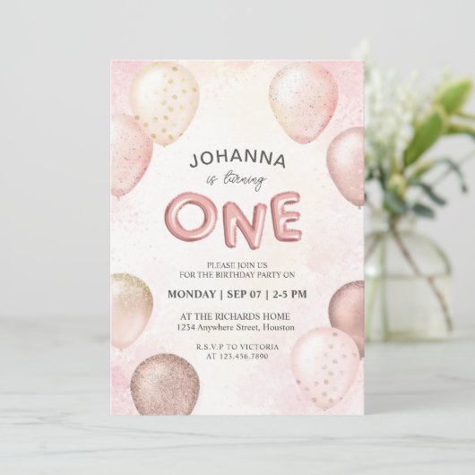 Custom Pastel Roze Witte Ballonnen Glitter Monogra Kaart (Staand voorkant)