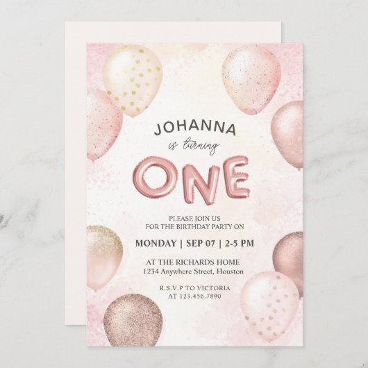 Custom Pastel Roze Witte Ballonnen Glitter Monogra Kaart (Voorkant / Achterkant)