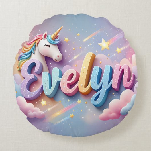 Custom Pastel Unicorn Name Pillow Rond Kussen (Voorkant)