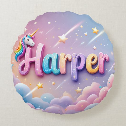 Custom Pastel Unicorn Name Pillow Rond Kussen (Voorkant)