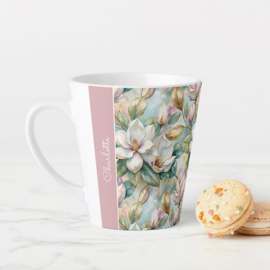 Custom Pattern Elegant Magnolia Flowers Latte Mok (In situ)