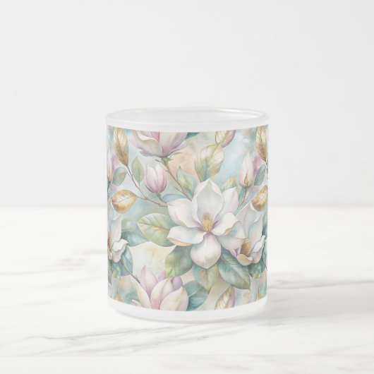 Custom Pattern Elegant Magnolia Flowers Matglas Koffiemok (Center)