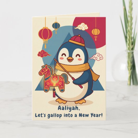 Custom Penguin Celebrating Lunar New Year Feestdagen Kaart (Voorkant)