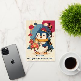 Custom Penguin Celebrating Lunar New Year Folie Feestdagenkaart