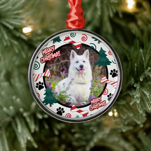 Custom Personalized Dog Photo Christmas Metalen Ornament (Boom)