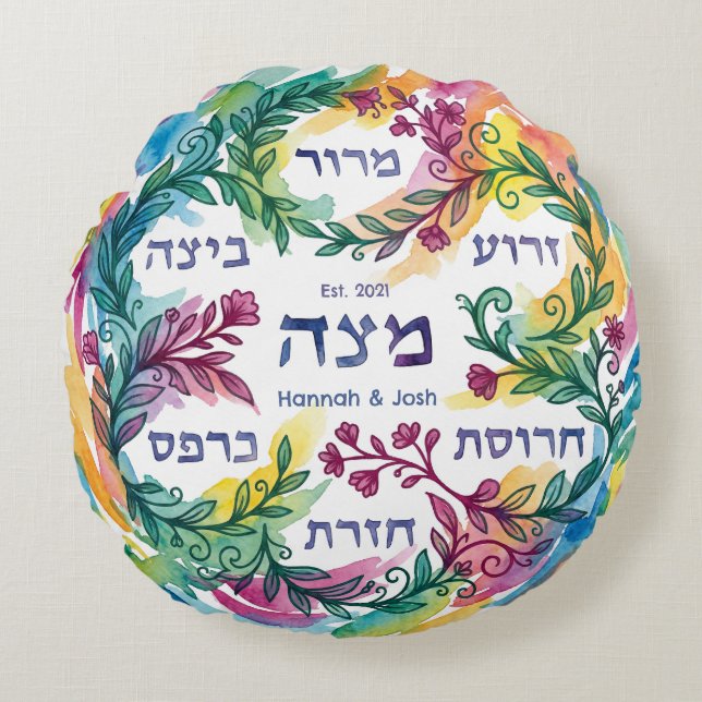 Custom Pesach Seder Plate Hebrew Passover Leaning Rond Kussen (Voorkant)