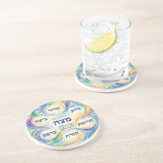 Custom Pesach Seder Plate in Hebrew for Passover  Zandsteen Onderzetter (Zijkant)