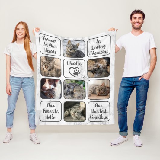 Custom Pet Cat Memorial 7 Fotomarmer Jouw tekst Fleece Deken (In situ)