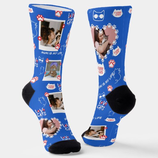 Custom Pet Cat Photo Collage Sokken met naam (Gebogen)