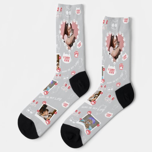 Custom Pet Cat Photo Collage Sokken met naam (Links)