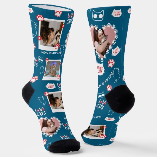 Custom Pet Cat Photo Collage Sokken met naam (Gebogen)