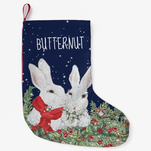 Custom Pet Christmas Bunny Rabbit Blue Snow Schatt Kleine Kerstsok (Voorkant)
