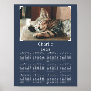 Custom Pet Foto en Naam 2025 Kalender Navy Blue Poster