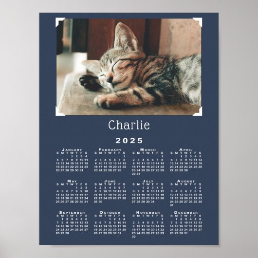 Custom Pet Foto en Naam 2025 Kalender Navy Blue Poster (Voorkant)