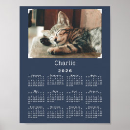 Custom Pet Foto en Naam 2026 Kalender Navy Blue Poster