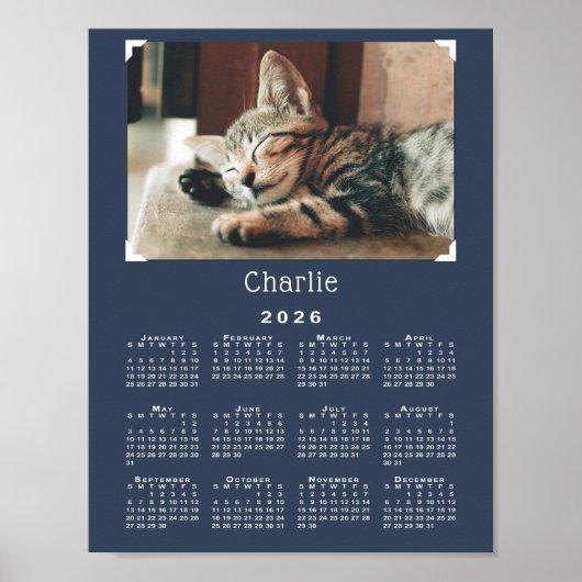Custom Pet Foto en Naam 2026 Kalender Navy Blue Poster (Voorkant)