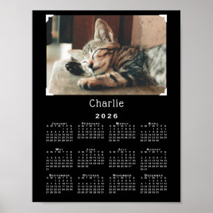 Custom Pet Foto en Naam 2026 Kalender Zwart Poster