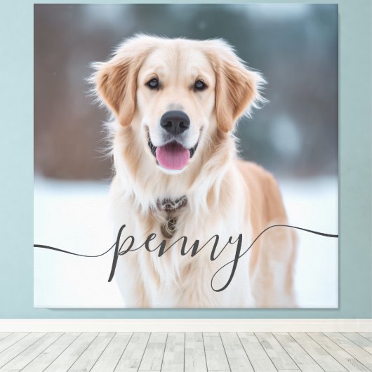 Custom Pet Name Photo Elegant Script Dog Canvas Afdruk (Insitu (Houten vloer))