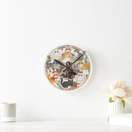 Custom Pet Photo Christmas Cat Wall Clock Ronde Klok (Huis)