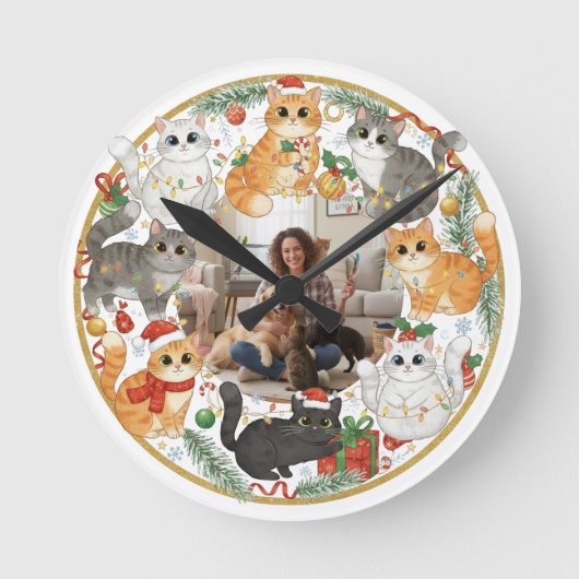 Custom Pet Photo Christmas Cat Wall Clock Ronde Klok (Voorkant)