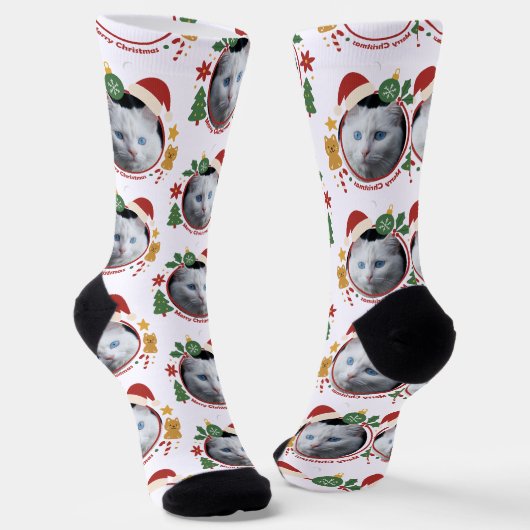 Custom Pet Photo Christmas Pattern Fun Socks Sokken (Gebogen)