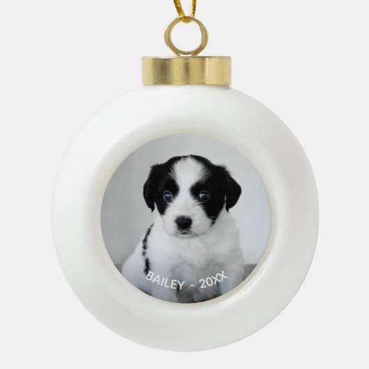 Custom Pet Photo Naam en Jaar Keramische Bal Ornament (Voorkant)