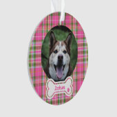 Custom Pet Photo Ornament Pink & Green Plaid Bone  (voorkant)