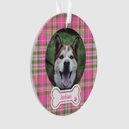 Custom Pet Photo Ornament Pink & Green Plaid Bone  (voorkant)