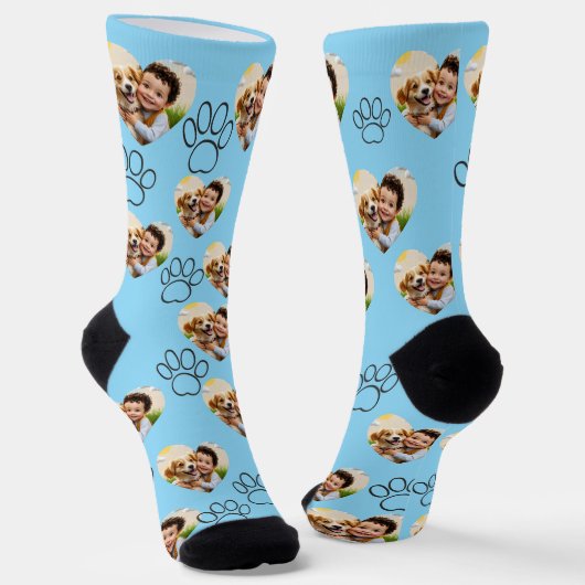 Custom Pet Photo & Paw Prints Black Socks Sokken (Gebogen)