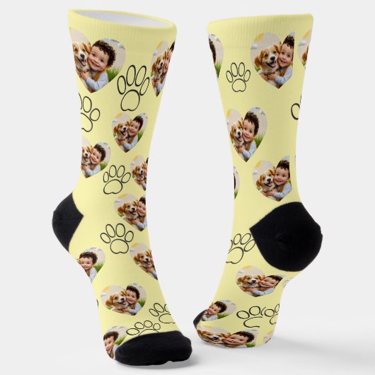 Custom Pet Photo & Paw Prints Black Socks Sokken (Gebogen)