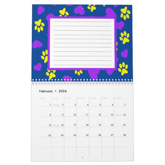 Custom Pet Photo Paw Prints Patroon Blauw Kalender (Feb 2026)