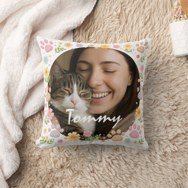 Custom Pet Photo with Name | Paw Prints & Floral Kussen (Deken)