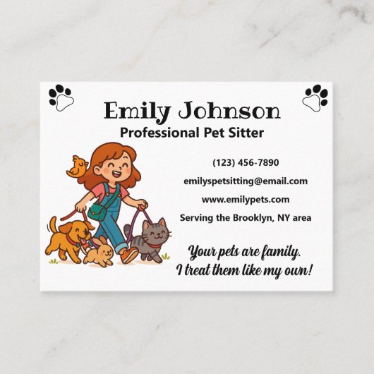 Custom Pet Sitter Business Card with Cute Cartoon  Visitekaartje (Voorkant)